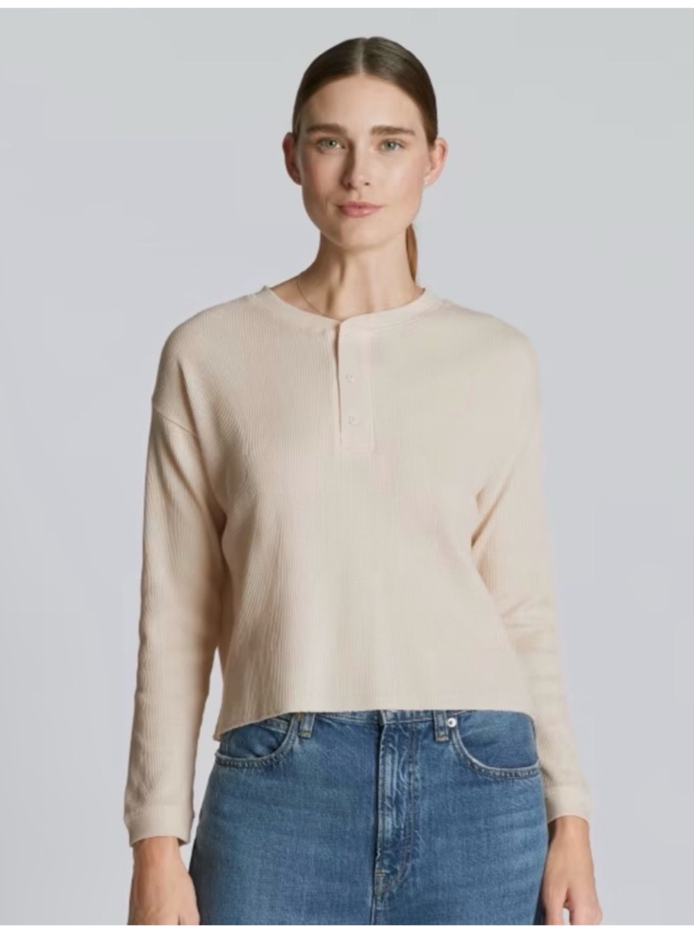 Everlane Ribbed Henley Sweatshirt in Soft Cream